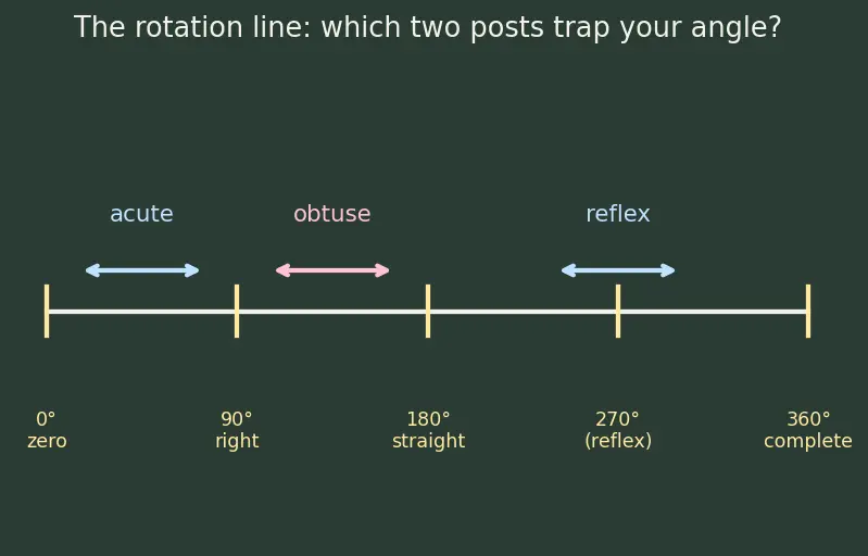 Figure — Types of angles — acute, right, obtuse, straight, reflex, complete