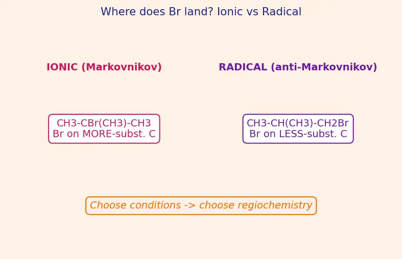 Figure — Markovnikov vs anti-Markovnikov (peroxide effect, Kharasch)