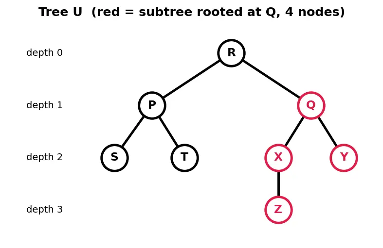Figure — Tree terminology — root, leaf, height, depth, degree, subtree