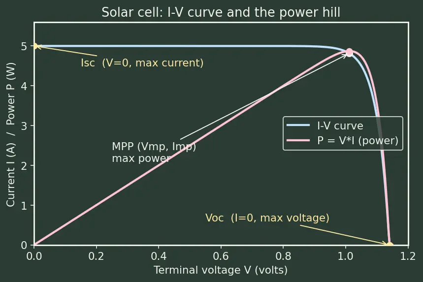 Figure — Power systems — solar arrays (I-V curve, power tracking), batteries (DoD, cycles), RTG