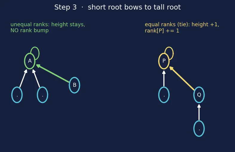 Figure — Disjoint Set Union (Union-Find) — path compression + union by rank → α(n)