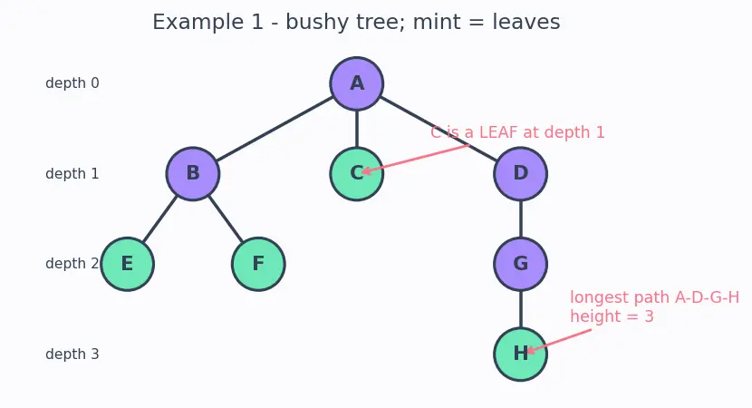 Figure — Tree terminology — root, leaf, height, depth, degree, subtree