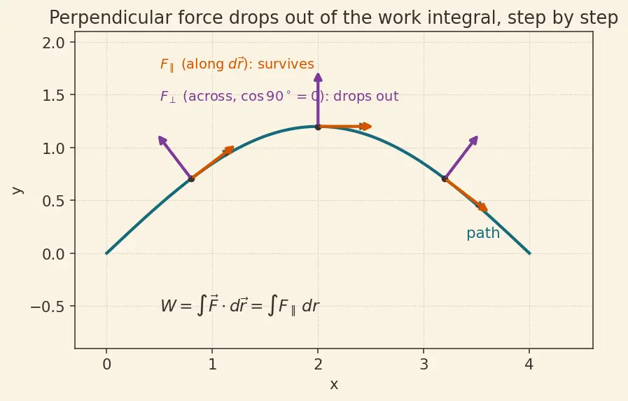 Figure — Work — definition, dot product F·d, sign convention