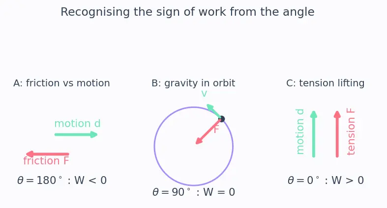 Figure — Work — definition, dot product F·d, sign convention