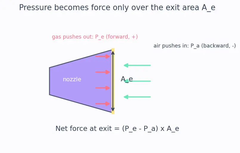 Figure — Thrust equation F = ṁv_e + (P_e − P_a)A_e — derivation