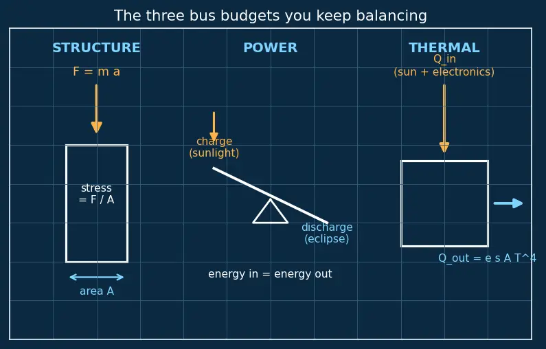 Figure — Spacecraft bus — structure, power, thermal, ADCS, C&DH, comms, propulsion