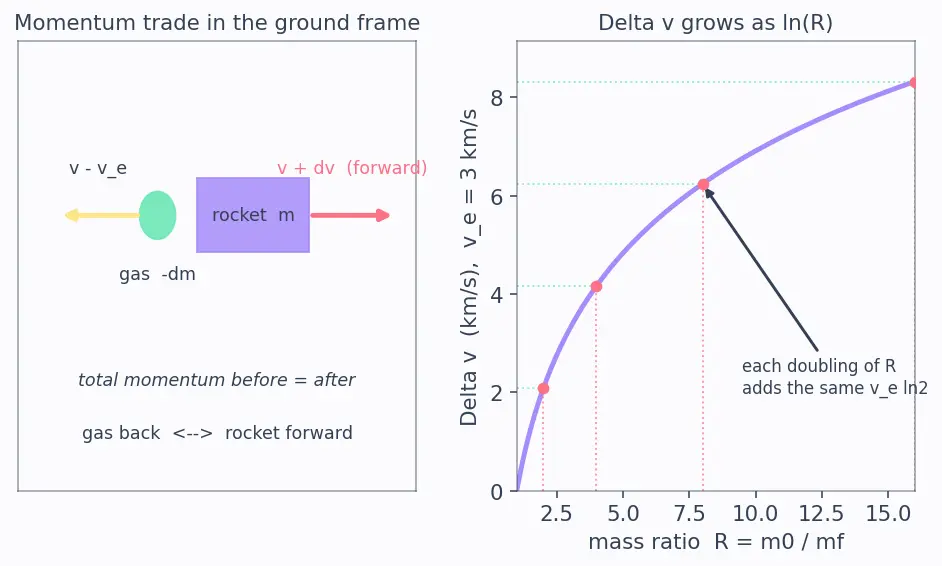 Figure — Tsiolkovsky rocket equation — full first-principles derivation from momentum
