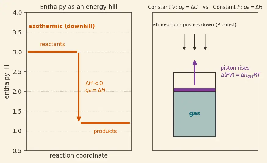 Figure — Enthalpy H = U + PV; ΔH for reactions at constant P