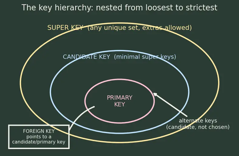 Figure — Keys — primary, candidate, super, foreign, natural vs surrogate
