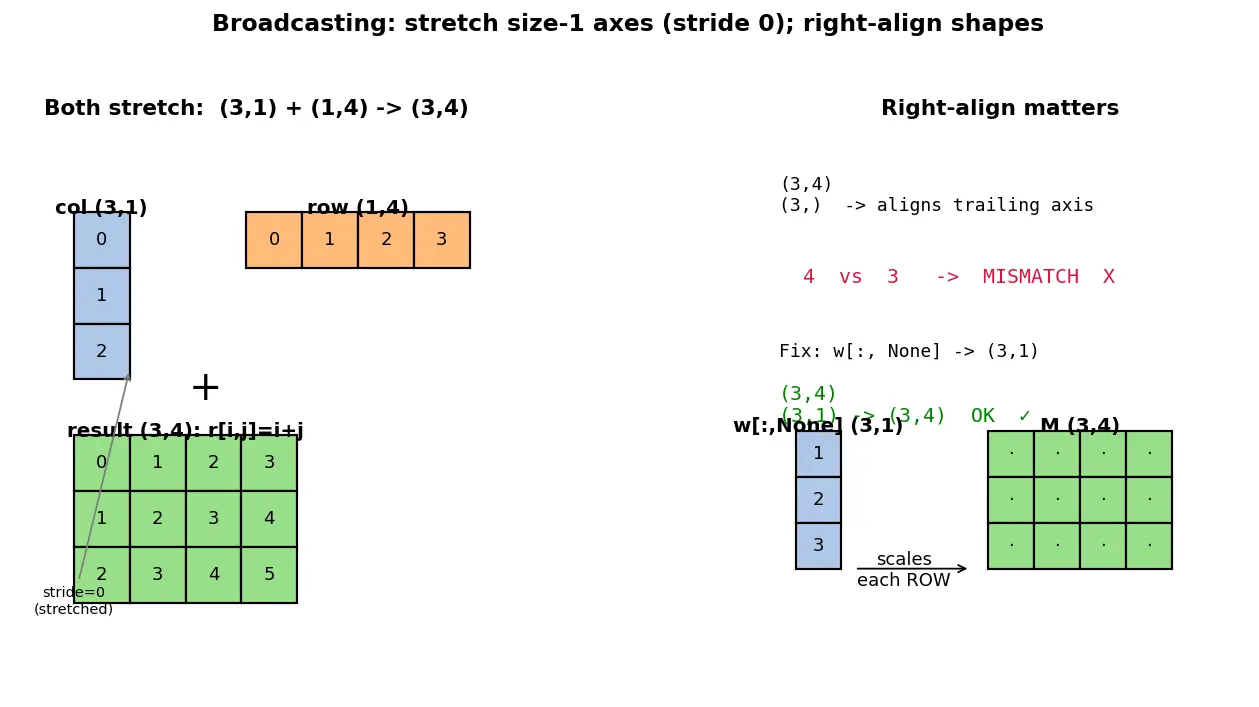 Figure — Broadcasting — rules, why it works, gotchas