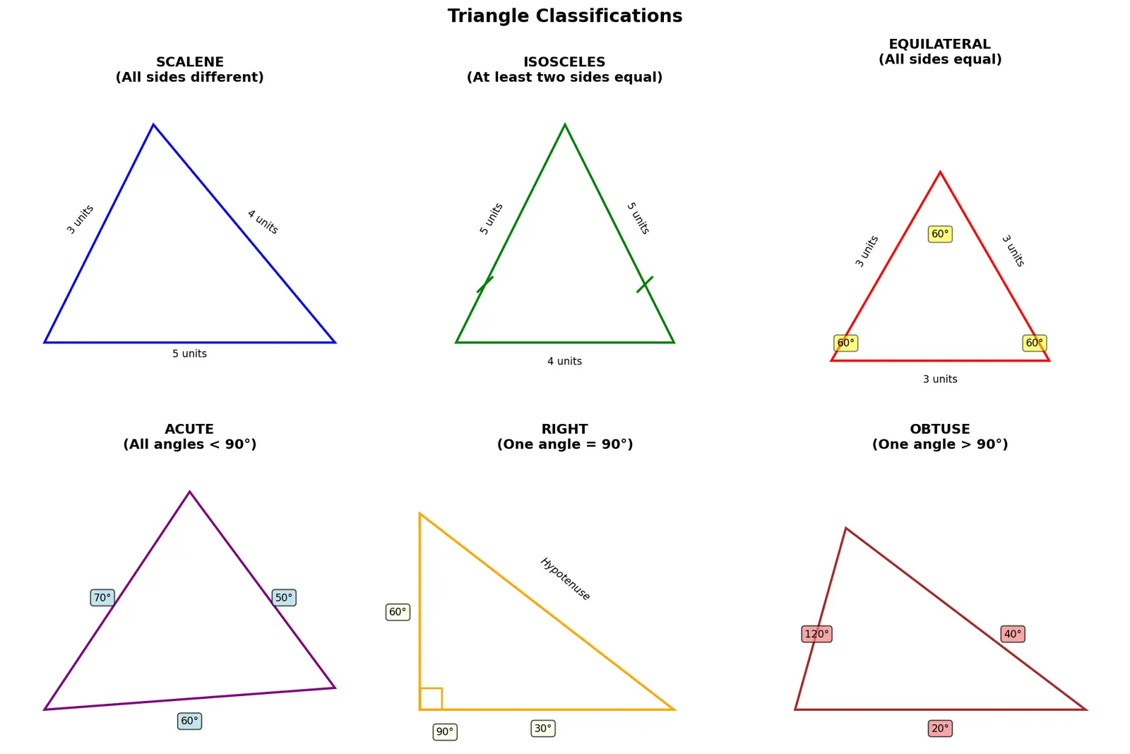 Figure — Triangles — scalene, isosceles, equilateral; acute, right, obtuse