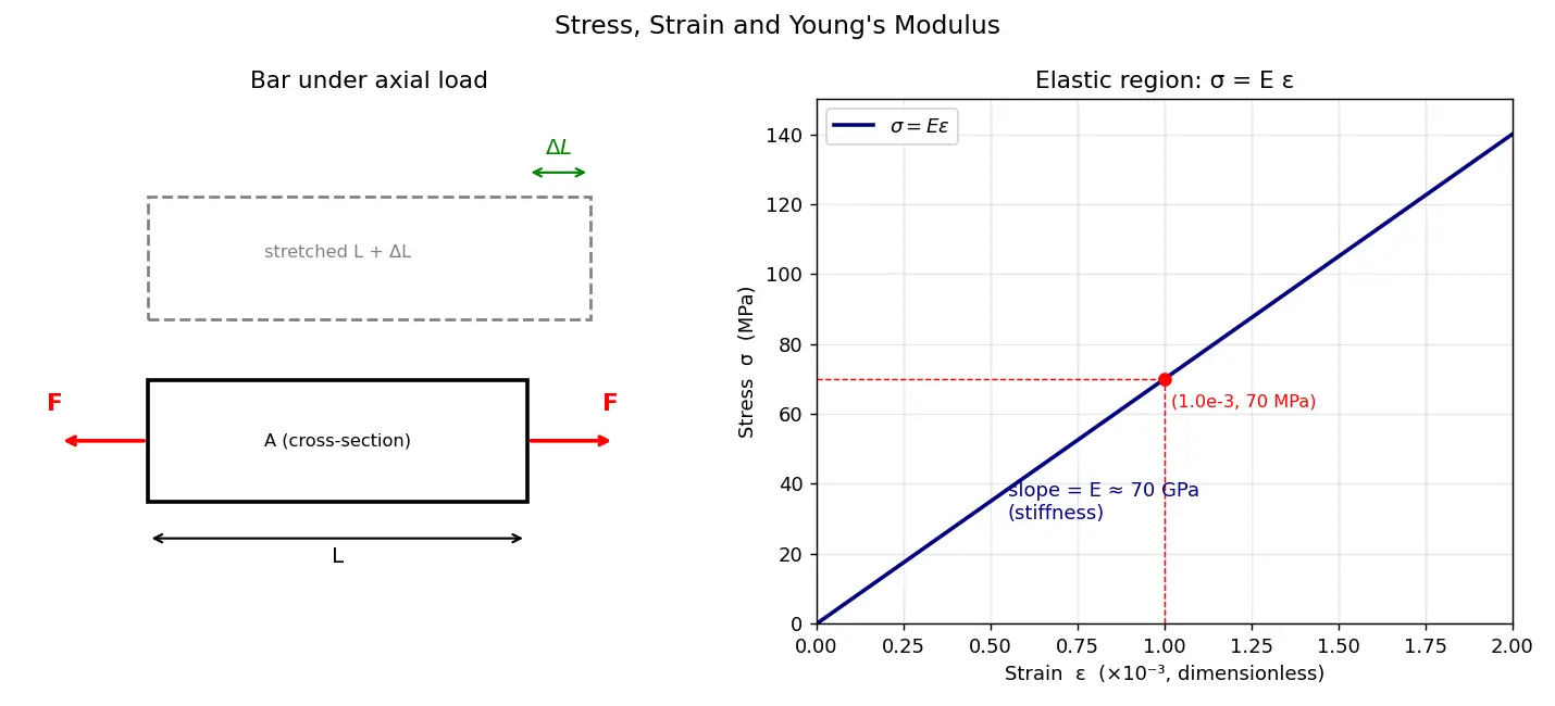 Figure — Stress and strain — σ = F - A, ε = ΔL - L, Young's modulus E