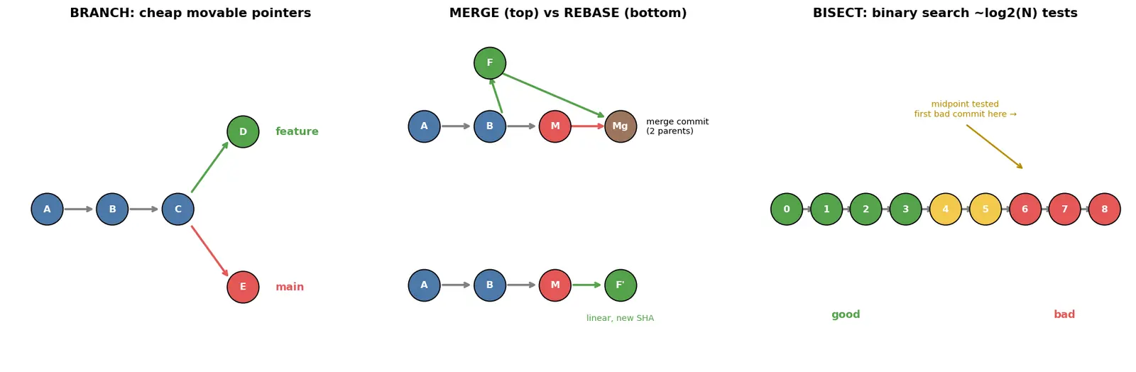 Figure — Git operations — branch, merge, rebase, cherry-pick, stash, bisect