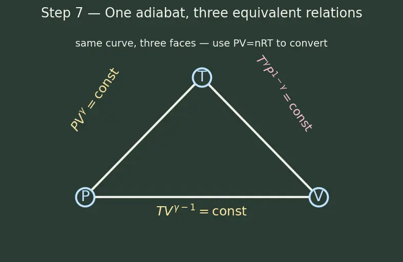 Figure — Adiabatic relations — PV^γ = const, TV^(γ−1) = const (derivation)