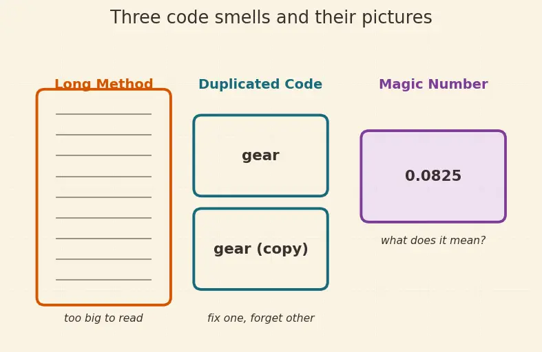 Figure — Refactoring — code smells, common refactorings (extract method, rename, etc.)