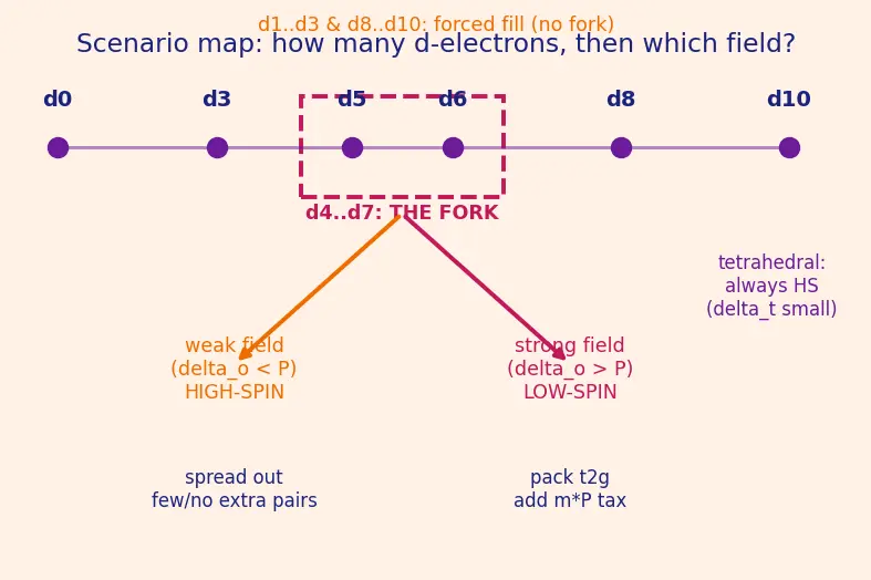 Figure — Crystal Field Stabilization Energy (CFSE) — high-spin vs low-spin; spectrochemical series