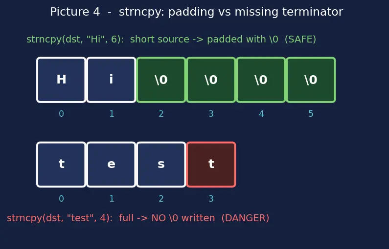 Figure — String handling — char arrays, null terminator, strcpy, strcat, strlen, sprintf (dangers)