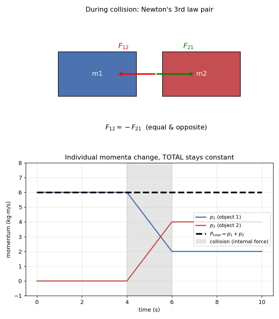 Figure — Conservation of linear momentum — derivation from Newton's third law