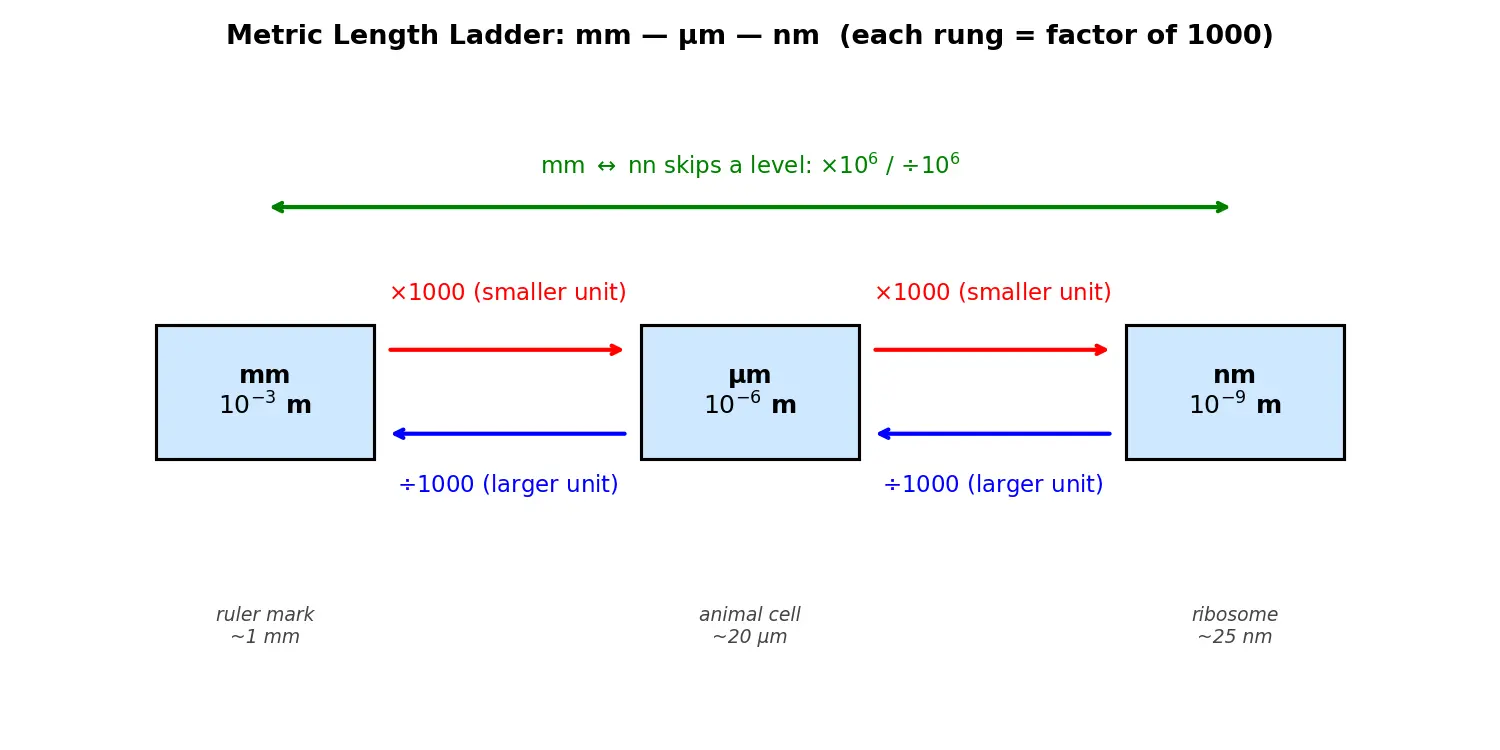 Figure — Convert between micrometers, nanometers, millimeters