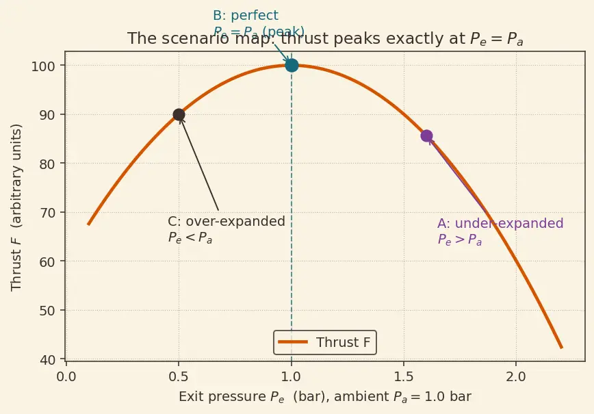 Figure — Optimum expansion — P_e = P_a for maximum thrust