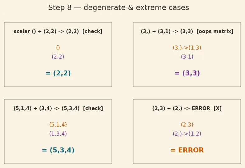 Figure — Broadcasting — rules, why it works, gotchas