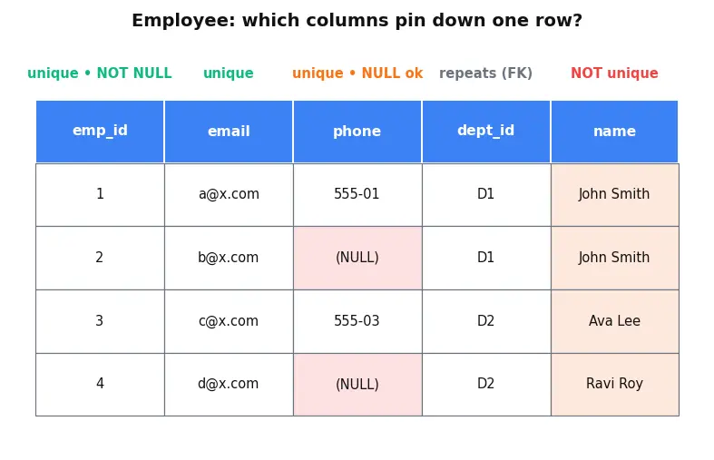 Figure — Keys — primary, candidate, super, foreign, natural vs surrogate