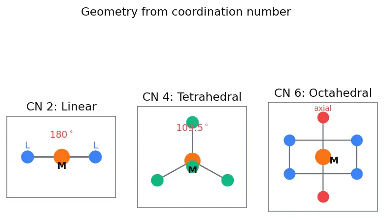 Figure — Coordination number and geometry — 2 (linear), 4 (tetrahedral - square planar), 6 (octahedral)