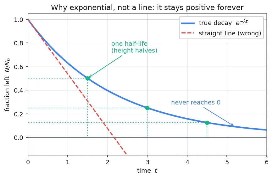 Figure — Decay law — N = N₀ e^(−λt), half-life, activity