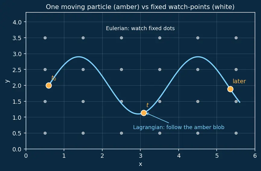 Figure — Fluid kinematics — Eulerian vs Lagrangian description