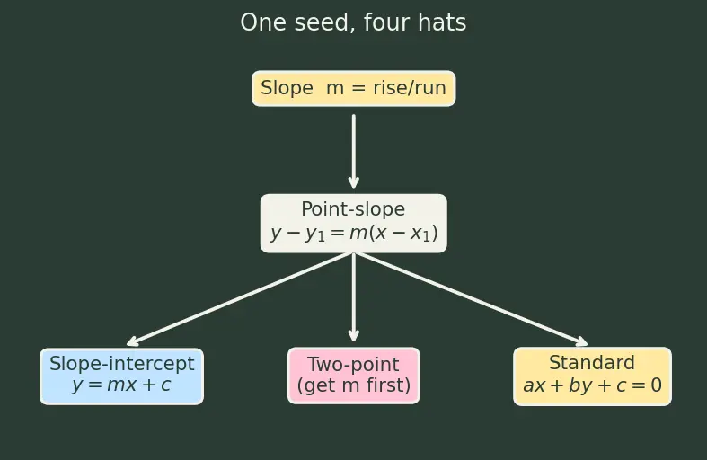 Figure — Equations of a line — slope-intercept, point-slope, two-point, standard (ax+by+c=0)