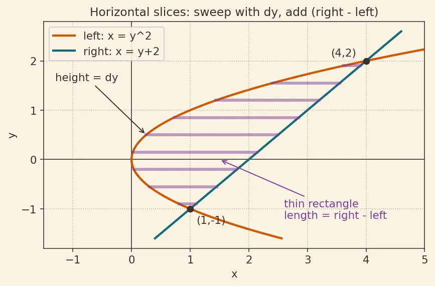 Figure — Area between curves — horizontal and vertical slices