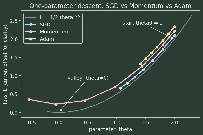 Figure — Optimization — SGD, momentum, Adam — derivations