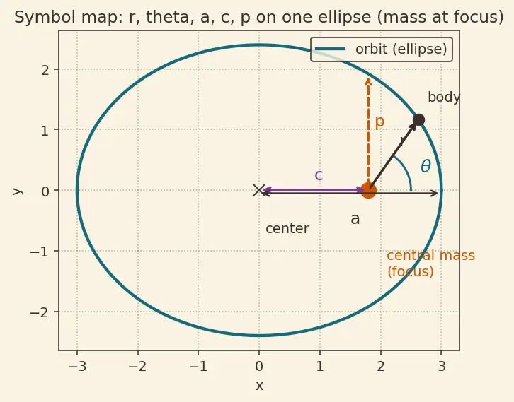 Figure — Orbit shape from eccentricity — circle (e=0), ellipse (0 - e - 1), parabola (e=1), hyperbola (e - 1)